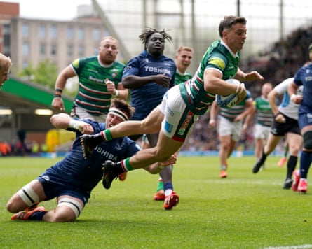 Adam Radwan cuts through Sale’s defence to dive over for Leicester’s first try.