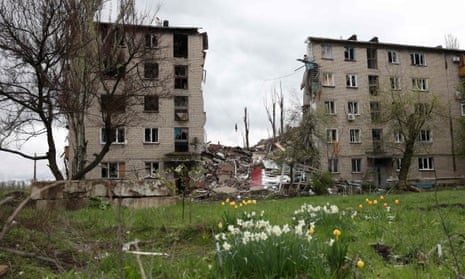 Residential buildings destroyed by an airstrike in the Donetsk, Ukraine.