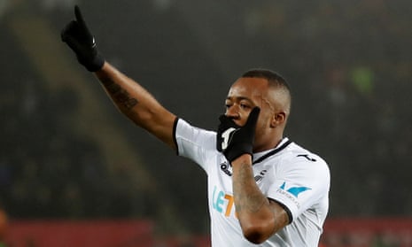 Swansea City’s Jordan Ayew celebrates scoring their equaliser against Crystal Palace