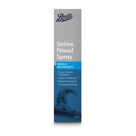 A packaged bottle Boots Saline Nasal Spray.