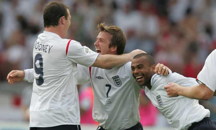 David Beckham celebrates with Wayne Rooney and Ashley Cole after scoring the goal against Ecuador that took England into the 2006 World Cup quarter-finals.