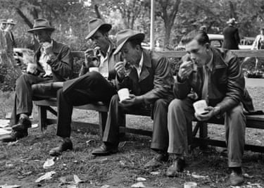 Men enjoying ice cream, Iowa State Fair, 1952, Leonard McCombe