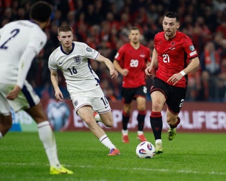 Adam Wharton playing for England against Albania.