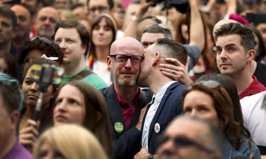 People react as Ireland voted in favour of allowing same-sex marriage in a historic referendum, in Dublin May 23, 2015.