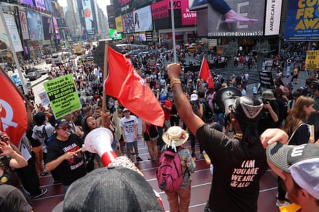 Members of the Amazon Labor Union were joined by Starbucks workers in Times Square in Manhattan to demand union recognition on Labor Day 2022.