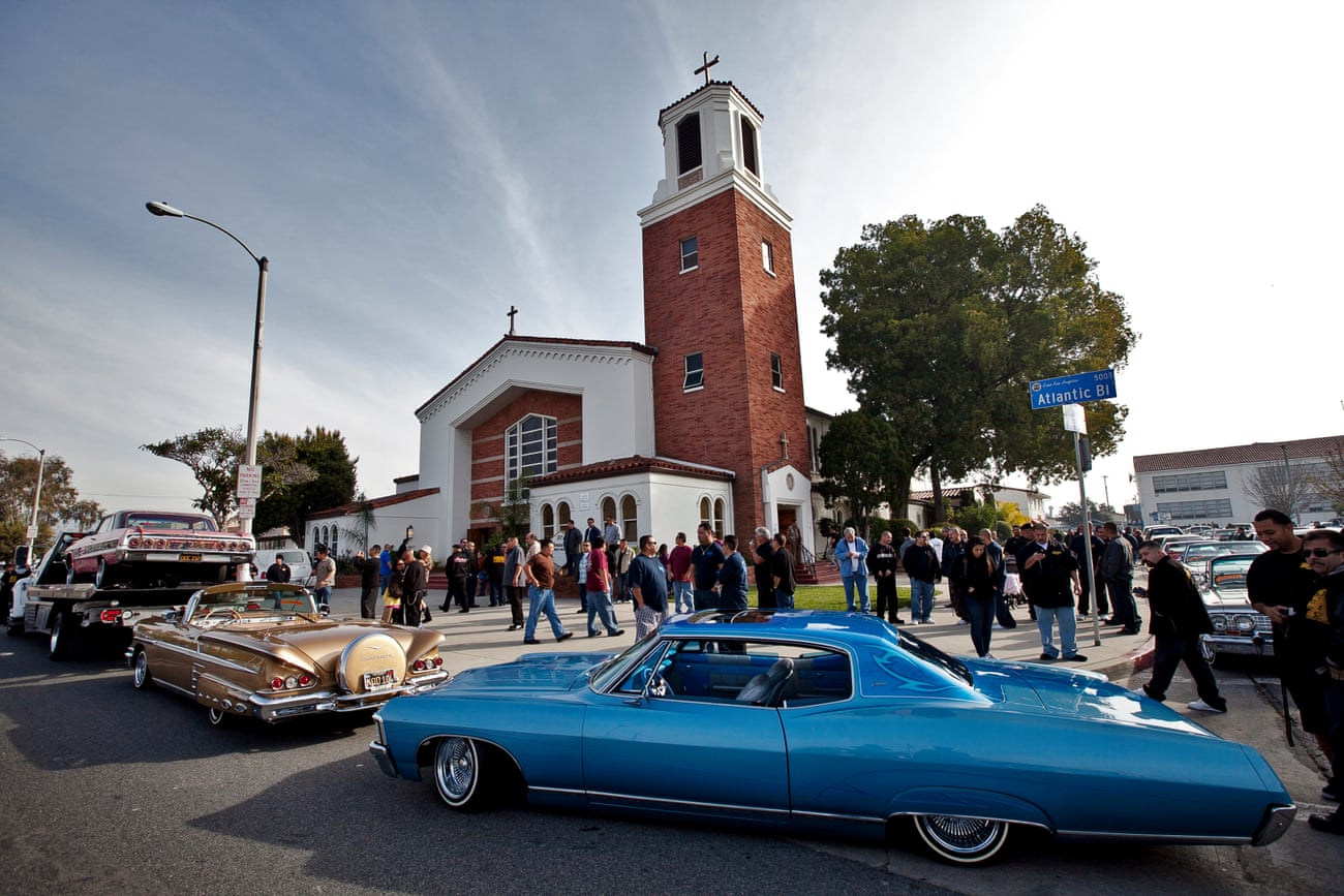 The funeral procession for the lowrider pioneer Jesse Valadez, who died last year, in east Los Angeles.