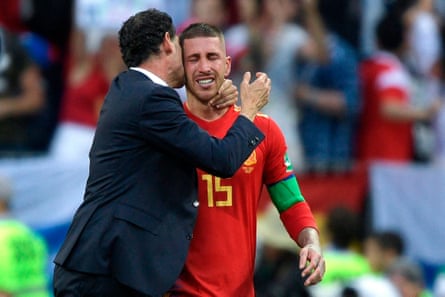 Fernando Hierro commiserates with Sergio Ramos after Spain went out of the World Cup with a penalty shootout defeat to Russia.