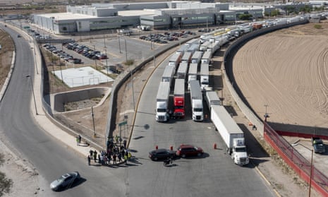 A long line of trucks stalled at the Zaragoza International bridge, one of two ports of entry in Ciudad Juarez going into the US.