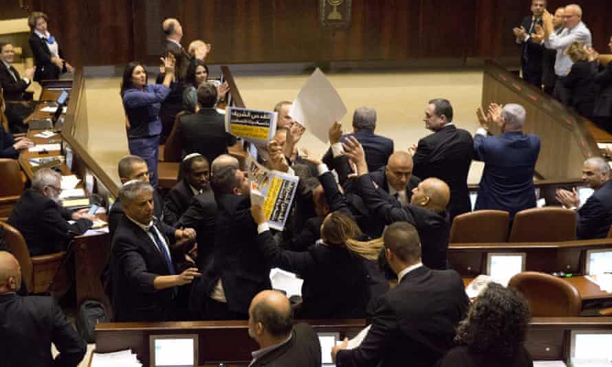 During a speech in the Knesset by US vice-president Mike Pence, Israeli Arab lawmakers are ejected for protesting against the US decision to recognise Jerusalem as Israel’s capital.