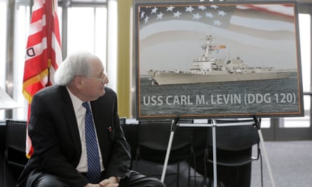 Carl Levin watches during the unveiling of a photo of the USS Carl M Levin, in Detroit in 2016.