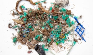 A few of the thousands of old elastic bands, together with parts of green fishing net, found by conservationists on Mullion island