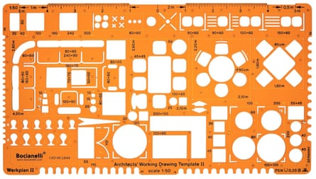 A orange translucent drafting stencil