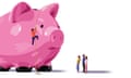 Illustration of a giant pink piggy bank with a man climbing up it using a rope and three people standing, looking up at him/the piggybank