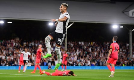 Andreas Pereira celebrates after scoring for Fulham at home to Brighton this season.
