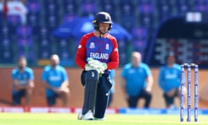 England goalkeeper Jos Buttler takes the knee before the game starts.