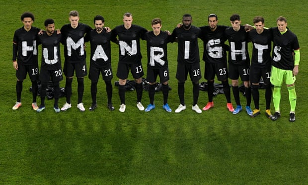 Germany display a human rights message before their 2022 World Cup qualifier against Iceland last March.