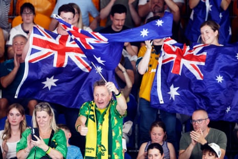 Australia fans react in the stands at the swimming events.