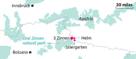 Map of far north-east Italy and 3 Zinnen near Bolzano