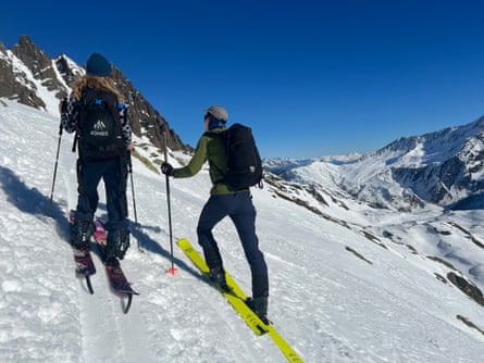 Writer Sam Haddad (left) and mountain guide Brad Carlson hike to the Col du Belvédère in France.