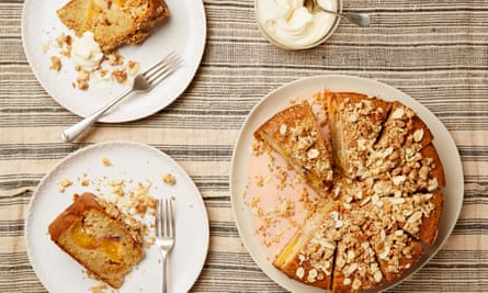 Thomasina Miers’ peach cake with amaretti crumble.