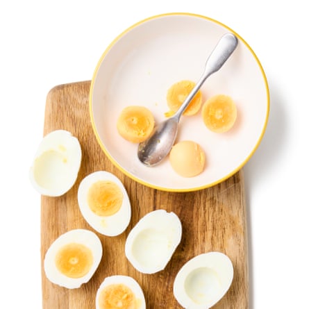 Felicity Cloake’s devilled eggs 5 Mash the yolks and prep the mayo Scoop out the yolks into a small bowl and mash with a fork (add the finely chopped egg white trimmings, too, if you have those). In a separate bowl, beat the butter with a fork to soften in further, then gradually beat in the mustard powder and mayonnaise (see step 8 for a quick homemade option), until thoroughly combined.