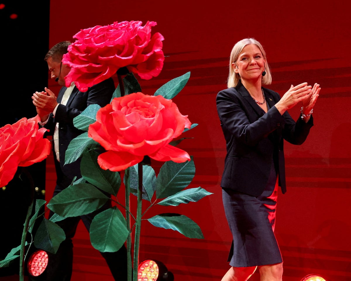 Swedish Social Democratic party Magdalena Andersson claps on stage as the general election’s voting results are released in Stockholm, Sweden.