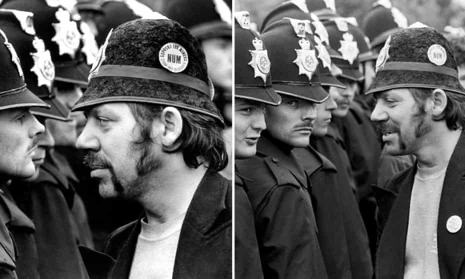 A miner faces a line of police at the Orgreave coking plant during the miners’ strike, June 1984 by Don McPhee, left, and Martin Jenkinson
