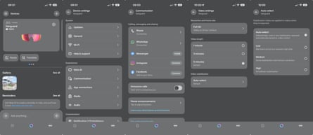 Screenshots from the Meta AI app showing various settings for the Oakley Meta Vanguard.