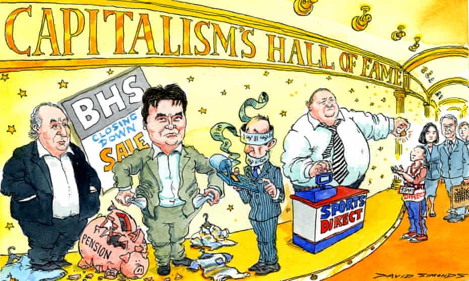 Cartoon of Sir Philip Green, Dominic Chappell and Mike Ashley in 'Capitalism's Hall of Fame'