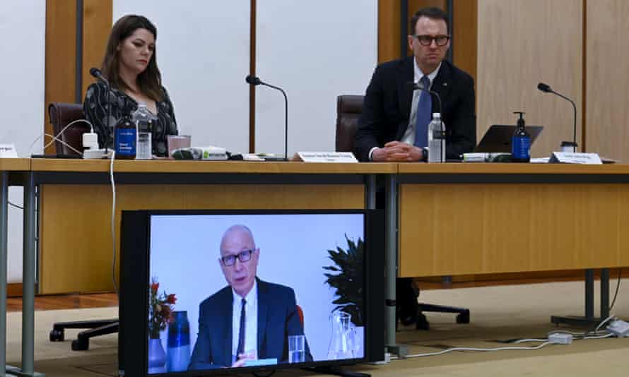 News Corp CEO Robert Thomson appears via video link during an investigation into the state of media diversity at Parliament House in Canberra.