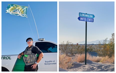 Left, Man standing next to a border partol car under a flag. Right, a signpost with slowjamastan and the US pointing in different directions