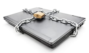 A laptop padlocked.