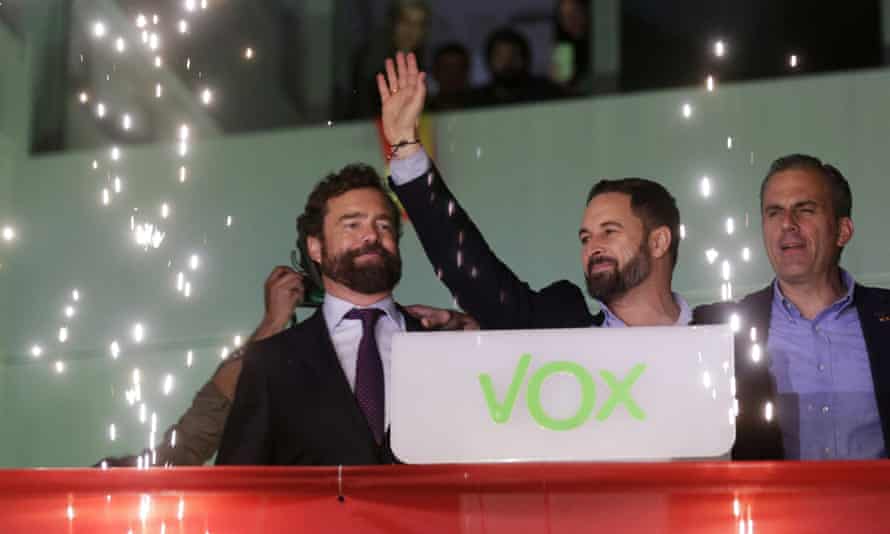 Santiago Abascal, the Vox party leader, waves to supporters in Madrid