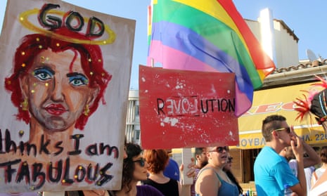 Participants hold signs during the second Cyprus Pride parade in central Nicosia, Cyprus, 06 June 2015