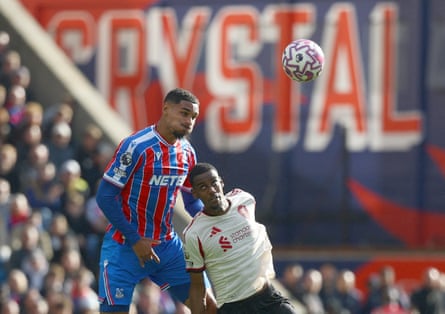 Crystal Palace’s Maxence Lacroix beats Liverpool’s Alexander Isak to a header.