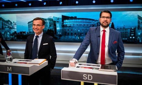 Moderate leader Ulf Kristersson and Sweden Democrat leader Jimmie Akesson on a televised electoral debate, 9 September.