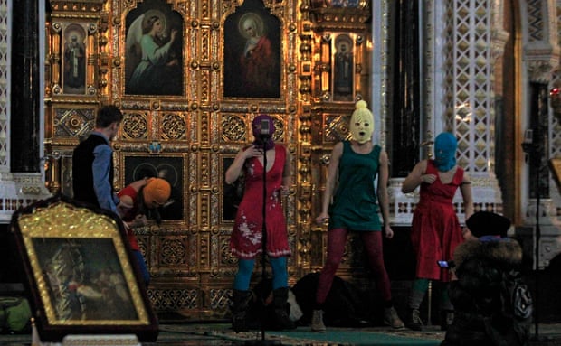 Pussy Riot perform in Moscow’s Christ the Saviour cathedral to protest Putin’s return to the Kremlin.