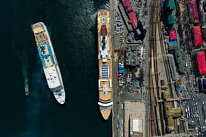 The Westerdam cruise ship and the Costa Neo Romantica cruise ship arrive in the port of Vladivostok on Russia’s Pacific coast