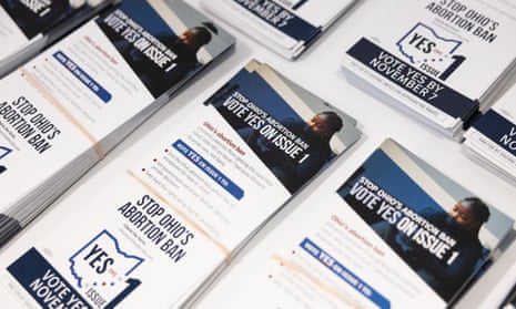 Pamphlets lay on a table during a pro-choice canvassing meeting on November 5, 2023, in Ohio. As the clock ticks down on a high-stakes vote in the US state of Ohio, activists are out in force urging voters to decide whether to explicitly enshrine the right to abortion in the state constitution.