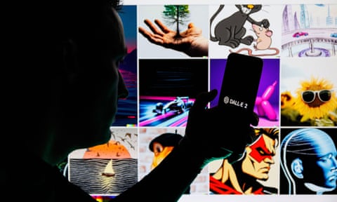 a man in silhouette, holding a smartphone with the Dall-e 2 logo on its screen. in the background are various examples of art generated by OpenAI Dall-E 2