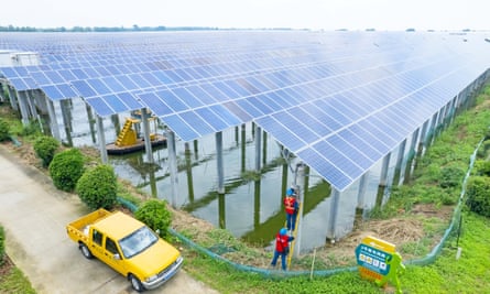 Rows of large solar panels installed over the waters of a fish farm