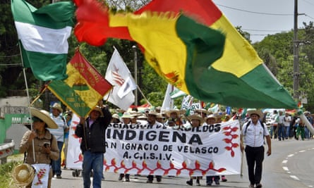 Indigenous people arrive in Santa Cruz on Wednesay as they march demanding Morales declare the Chiquitania region a disaster zone due to forest fires.