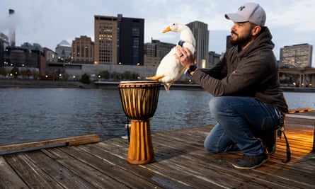 Derek Johnson holding his duck, Ben Afquack, over a drum next to a river in the city of St Paul, Minnesota