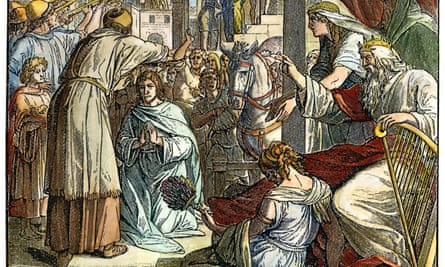 Detail from a wood engraving of the crowning of King Solomon.