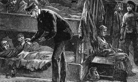 Taking the pulse of a sick Irish emigrant on board ship. A million people died during the potato famine of the 1840s and a million more emigrated. Wood engraving c1890