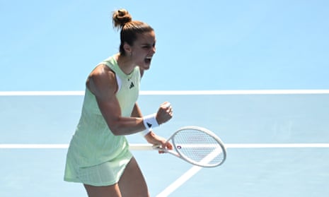Maria Sakkari celebrates during her first round match against Nao Hibino on Day 1 of the Australian Open at Melbourne Park