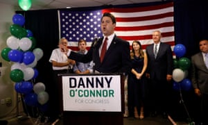 Democratic candidate Danny O’Connor addresses supporters at his election night party for a special election in Ohio’s 12th congressional district in Westerville, Ohio.