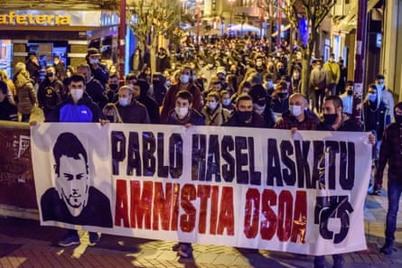 People rally in support of Pablo Hasel in Vizcaya in the Basque region.