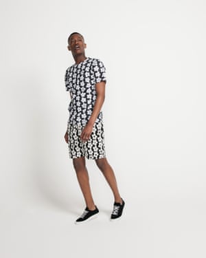 Model in shorts with matching T-shirt