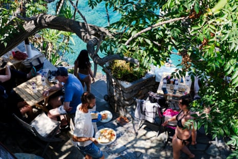 Tourists eating at a cafe on Hydra